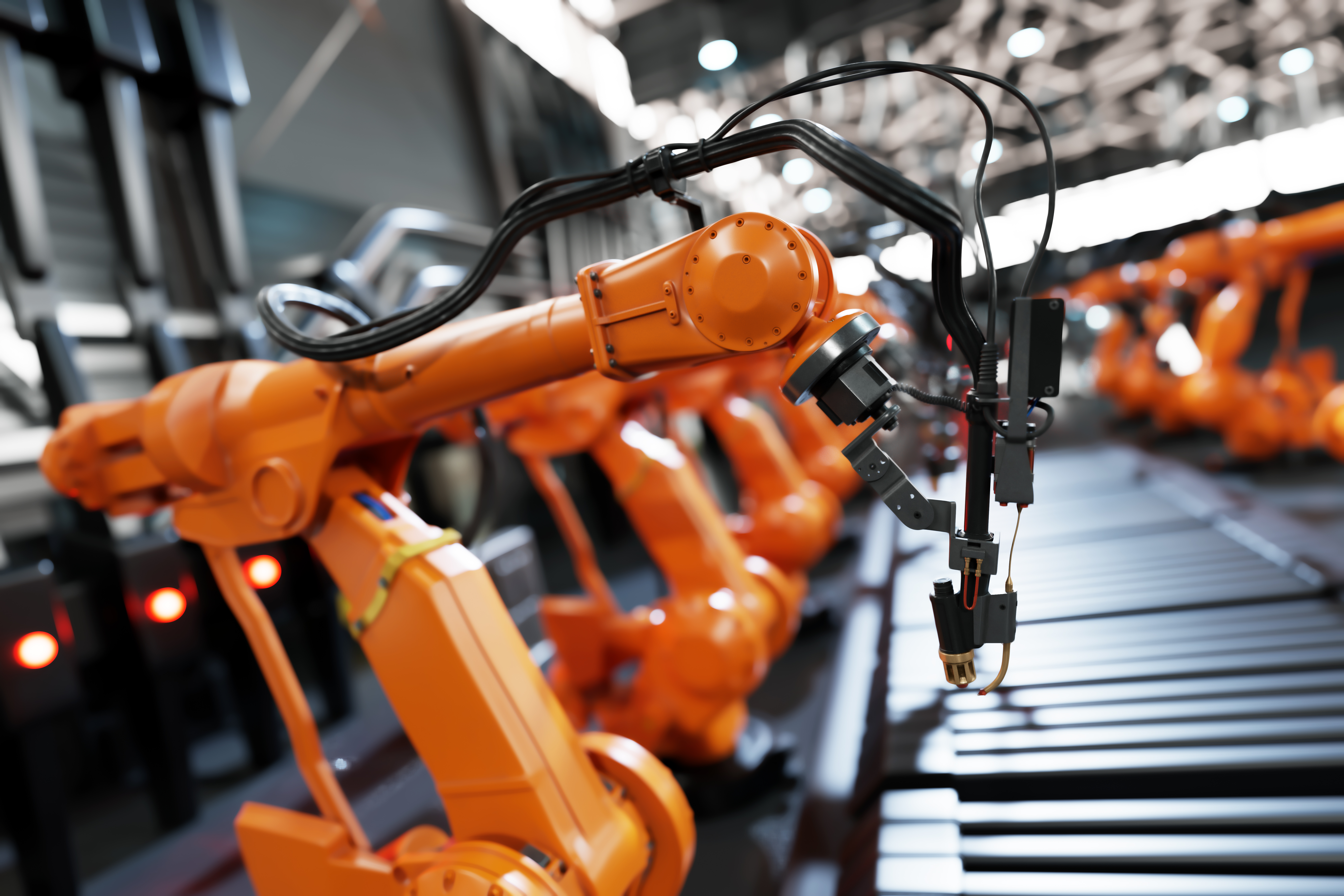 Robotic arms along assembly line in modern factory. Heavy industry, technology and machine learning. 3D rendering